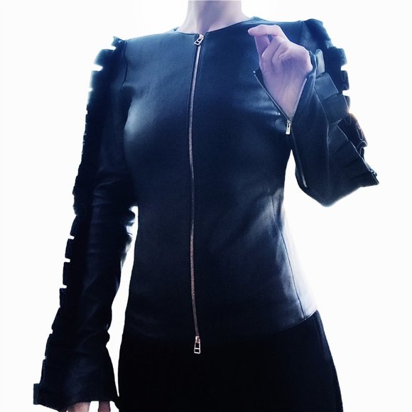 Thomas Wylde Black Leather Jacket with Statement Sleeves, SZ XXS - Picture 2 of 5